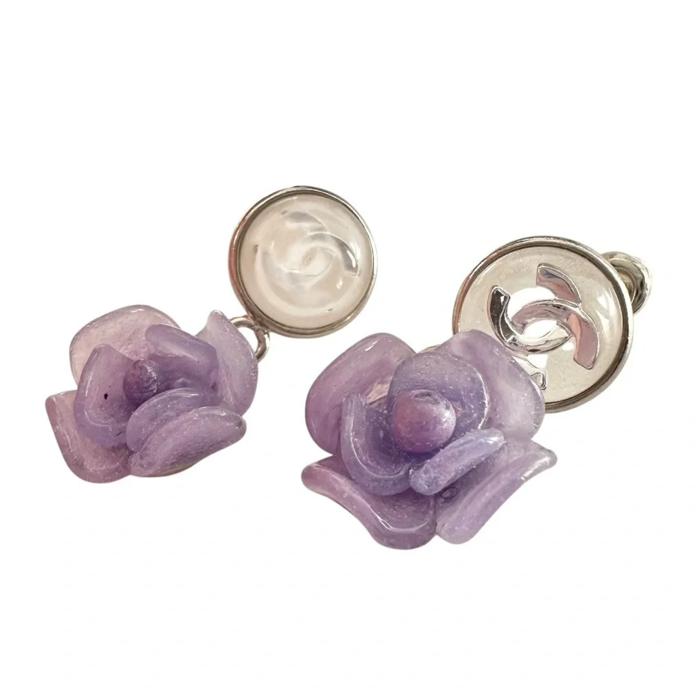 Chanel Purple Camellia Flower Silver Studded Earring Set with Box - Picture 5 of 15